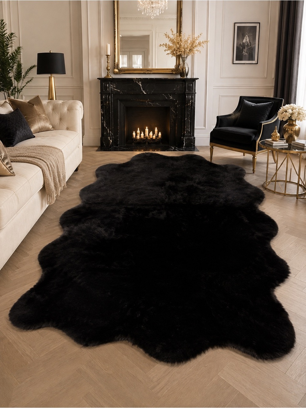 Luxury Black Faux Rabbit Fur Scalloped Luxe Plush Area Rug 48x66
